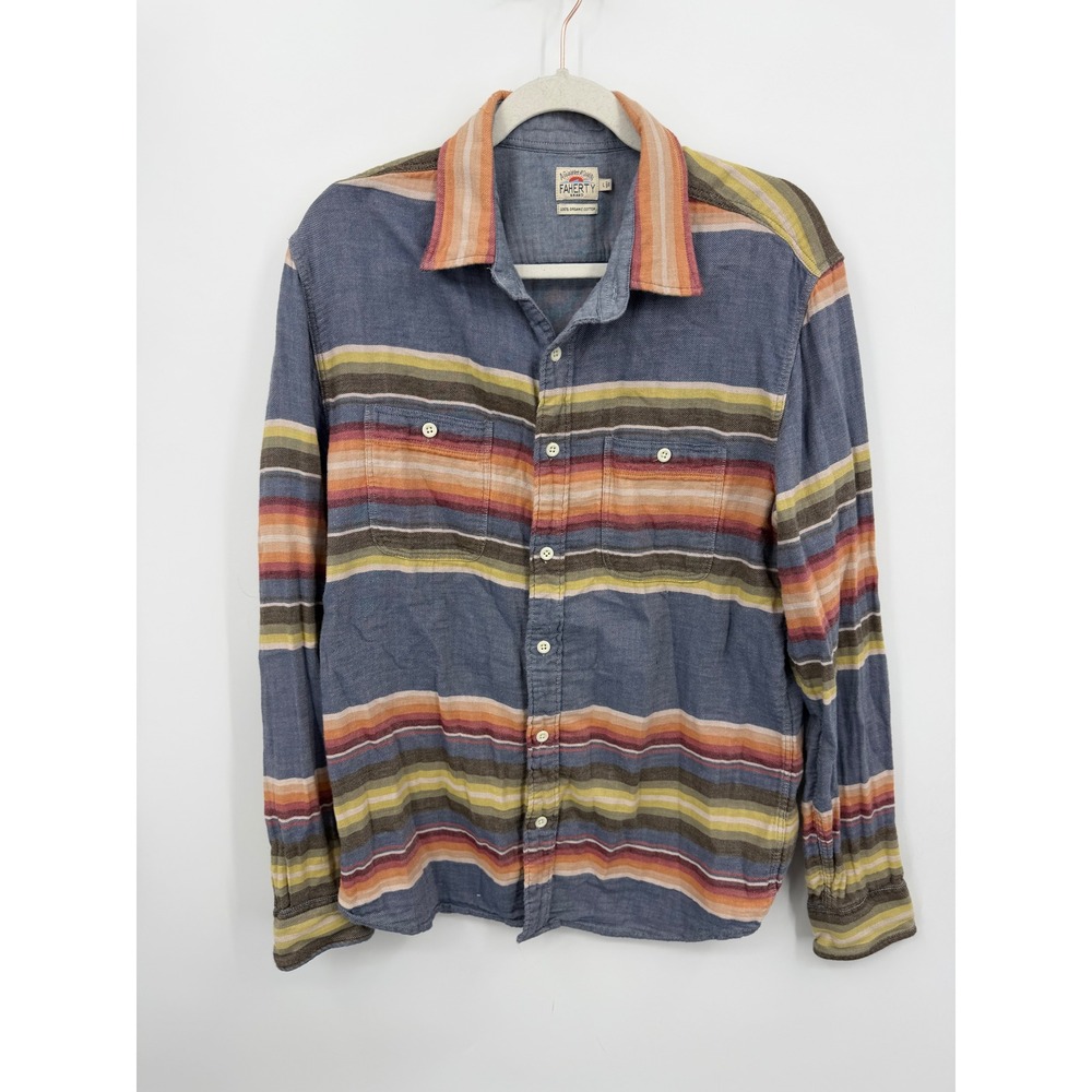 Faherty Brand Serape Stripe Button Down Shirt Mens Large Blue Organic Cotton